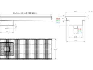 Inox protizdrsna talna rešetka s koritom,sifonom in košaro. Dimenzij:400mm x 1500mm ,odtok opcija Ø50mm / Ø75mm / Ø110mm,smer odtoka opcijsko horizontalno ali vertikalno-POVOZNA,PROTIZDRSNA brez PRIROBNICE za HIDROIZOLACIJO