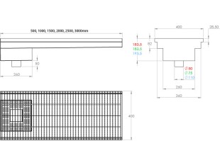 Inoks podna rešetka s koritom i sifonom, dimenzija 400mm x 500mm - 3000mm x Ø50mm / Ø75mm / Ø110mm vodoravno / okomito POGODNA ZA PRELAZAK VOZILOM PROTUKLIZNA