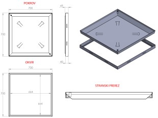 ULJNI ŠAHT – POKLOPAC sa podubljenim dnom 700 X 700 X 40mm INOX