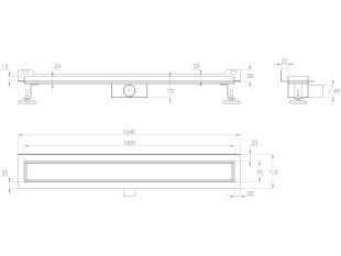 Canalina di scarico per doccia A PARETE con copertura SPAZZOLATA, dimensioni: 1000(l) x 70(w) x 70(h) mm INOX