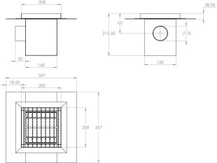 Inox talni sifon Z REŠETKO, dimenzij 200mm x 200mm x 213mm Ø75mm horizontalno POVOZEN PROTIZDRSEN s PRIROBNICO za HIDROIZOLACIJO