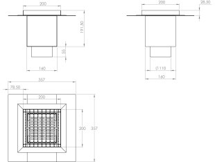 Sifone a pavimento con griglia, 200mm x 200mm x 191mm Ø110mm verticale, CARRABILE ANTISCIVOLO con FLANGIA per IMPERMEABILIZZAZIONE