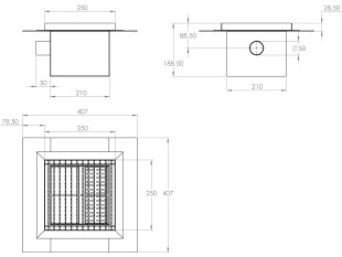 Sifone a pavimento con griglia, 250mm x 250mm x 188mm Ø50mm orizzontale, CARRABILE ANTISCIVOLO con FLANGIA per IMPERMEABILIZZAZIONE