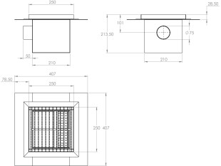 Inox talni sifon Z REŠETKO, dimenzij 250mm x 250mm x 213mm Ø75mm horizontalno POVOZEN PROTIZDRSEN s PRIROBNICO za HIDROIZOLACIJO