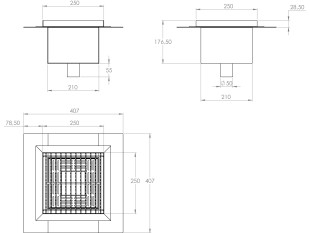 Inoks podni sifon s rešetkom dimenzija 250mm x 250mm x 176mm Ø50mm okomito POGODAN ZA PRELAZAK VOZILOM PROTUKLIZAN s PRIRUBNICOM za HIDROIZOLACIJU