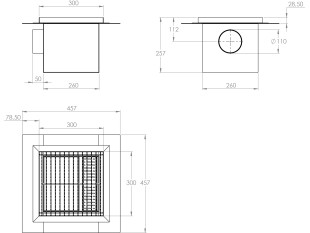 Inoks podni sifon s rešetkom dimenzija 300mm x 300mm x 257mm Ø110mm vodoravno POGODAN ZA PRELAZAK VOZILOM PROTUKLIZAN s PRIRUBNICOM za HIDROIZOLACIJU