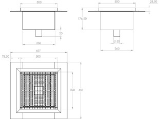 Sifone a pavimento con griglia, 300mm x 300mm x 176mm Ø50mm verticale, CARRABILE ANTISCIVOLO con FLANGIA per IMPERMEABILIZZAZIONE