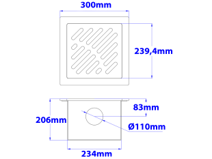 Talni sifon komplet s čelno ploščo debeline 5mm s PERFORIRANIM VZORCEM (AVTOPOVOZNO) 300x300x206mm INOX Ø110mm horizontalno