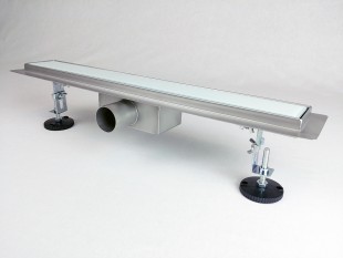 Canalina di scarico per doccia con copertura in VETRO TEMPERATO BIANCO, dimensioni: 900(l) x 70(w) x 70(h) mm INOX