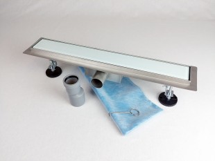 Canalina di scarico per doccia con copertura in VETRO TEMPERATO BIANCO, dimensioni: 1000(l) x 70(w) x 70(h) mm INOX