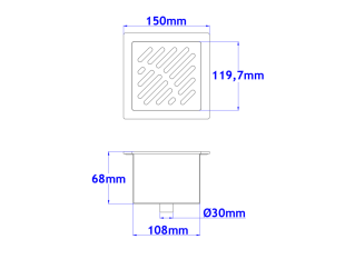 Sifone a pavimento con coperchio di 5mm  MODELLO FORATO (CARRABILE) 150x150x68mm INOX Ø30mm verticale