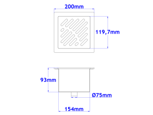 Talni sifon komplet s čelno ploščo debeline 5mm s PERFORIRANIM VZORCEM (AVTOPOVOZNO) 200x200x93mm INOX Ø75mm vertikalno