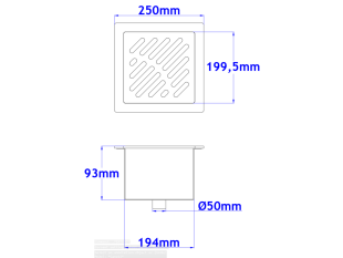 Podni sifon komplet s PERFORIRANIM UZORKOM 250x250x93mm INOKS Ø50mm okomito