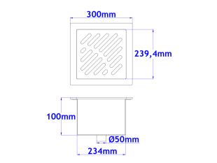 Talni sifon komplet s čelno ploščo debeline 5mm s PERFORIRANIM VZORCEM (AVTOPOVOZNO) 300x300x100mm INOX Ø50mm vertikalno