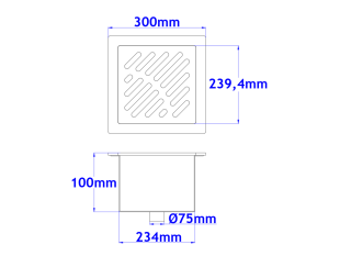 Talni sifon komplet s čelno ploščo debeline 5mm s PERFORIRANIM VZORCEM (AVTOPOVOZNO) 300x300x100mm INOX Ø75mm vertikalno