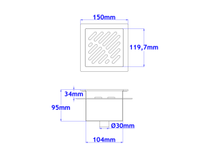 Sifone a pavimento con coperchio di 5mm MODELLO FORATO (CARRABILE) con flangia per impermeabilizzazione 150x150x92mm INOX Ø30mm veticale