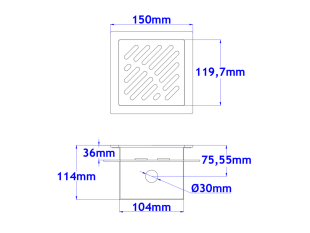 Podni sifon komplet s PERFORIRANIM UZORKOM s prirubnicom za hidroizolaciju 150x150x132mm INOKS Ø30mm vodoravno