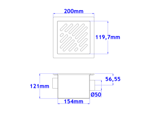 Sifone a pavimento FUSSO con coperchio di 5mm MODELLO FORATO (CARRABILE) 200x200x121mm INOX Ø50mm orizzontale