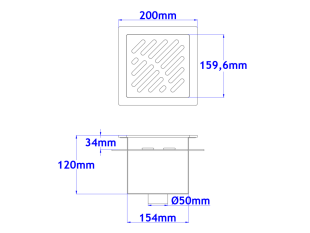 Sifone a pavimento con coperchio di 5mm MODELLO FORATO (CARRABILE) con flangia per impermeabilizzazione 200x200x92mm INOX Ø50mm verticale