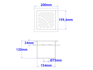 Podni sifon komplet s PERFORIRANIM UZORKOM s prirubnicom za hidroizolaciju 200x200x120mm INOKS Ø75mm okomito