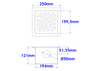 Podni sifon komplet s PERFORIRANIM UZORKOM 250x250x121mm INOKS Ø50mm vodoravno