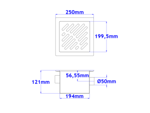Talni sifon PRETOČNI komplet s čelno ploščo debeline 5mm s PERFORIRANIM VZORCEM 250x250x121mm INOX Ø50mm horizontalno