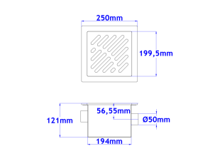 Teći podni sifon komplet s PERFORIRANIM UZORKOM 250x250x121mm INOKS Ø50mm vodoravno