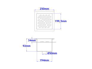 Talni sifon komplet s čelno ploščo debeline 5mm s PERFORIRANIM VZORCEM (AVTOPOVOZNO) in prirobnico za hidroizolacijo 250x250x92mm INOX Ø50mm vertikalno