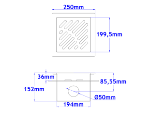 Podni sifon komplet s PERFORIRANIM UZORKOM s prirubnicom za hidroizolaciju 250x250x152mm INOKS Ø50mm vodoravno