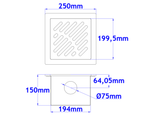 Podni sifon komplet s PERFORIRANIM UZORKOM 250x250x150mm INOKS Ø75mm vodoravno