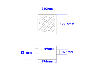 Talni sifon PRETOČNI komplet s čelno ploščo debeline 5mm s PERFORIRANIM VZORCEM 250x250x150mm INOX Ø75mm horizontalno
