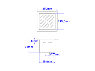 Talni sifon komplet s čelno ploščo debeline 5mm s PERFORIRANIM VZORCEM (AVTOPOVOZNO) in prirobnico za hidroizolacijo 250x250x92mm INOX Ø75mm vertikalno