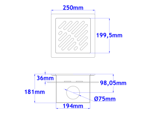 Talni sifon komplet s čelno ploščo debeline 5mm s PERFORIRANIM VZORCEM (AVTOPOVOZNO) in prirobnico za hidroizolacijo 250x250x181mm INOX Ø75mm horizontalno