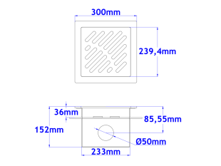 Talni sifon komplet s čelno ploščo debeline 5mm s PERFORIRANIM VZORCEM (AVTOPOVOZNO) in prirobnico za hidroizolacijo 300x300x152mm INOX Ø50mm horizontalno