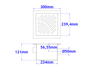 Talni sifon PRETOČNI komplet s čelno ploščo debeline 5mm s PERFORIRANIM VZORCEM 300x300x121mm INOX Ø50mm horizontalno