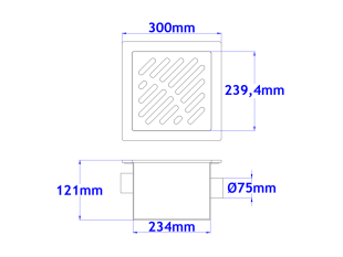 Talni sifon PRETOČNI komplet s čelno ploščo debeline 5mm s PERFORIRANIM VZORCEM 300x300x150mm INOX Ø75mm horizontalno