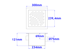 Teći podni sifon komplet s PERFORIRANIM UZORKOM 300x300x121mm INOKS Ø50mm vodoravno