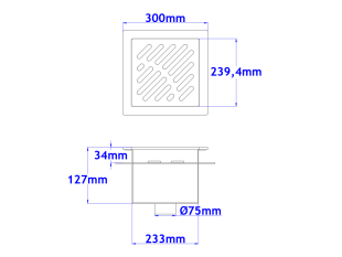 Talni sifon komplet s čelno ploščo debeline 5mm s PERFORIRANIM VZORCEM (AVTOPOVOZNO) in prirobnico za hidroizolacijo 300x300x127mm INOX Ø75mm vertikalno