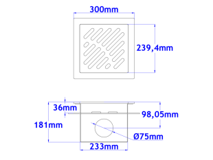 Sifone a pavimento con coperchio di 5mm MODELLO FORATO (CARRABILE) con flangia per impermeabilizzazione 300x300x181mm INOX Ø75mm orizzontale