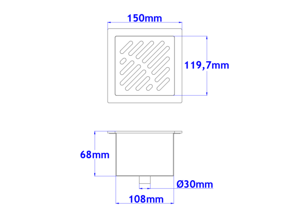 Talni sifon komplet s čelno ploščo debeline 5mm s PERFORIRANIM VZORCEM (AVTOPOVOZNO) 150x150x68mm INOX Ø30mm vertikalno