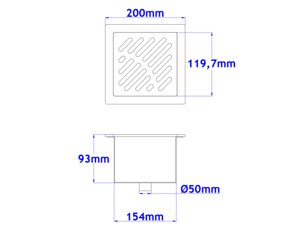 Sifone a pavimento con coperchio di 5mm  MODELLO FORATO (CARRABILE) 200x200x93mm INOX Ø50mm verticale