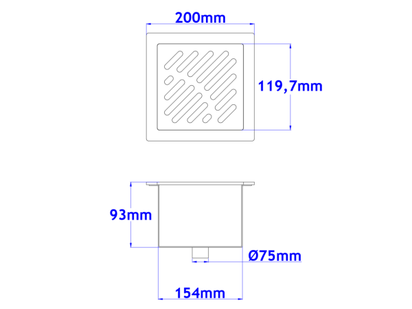 Talni sifon komplet s čelno ploščo debeline 5mm s PERFORIRANIM VZORCEM (AVTOPOVOZNO) 200x200x93mm INOX Ø75mm vertikalno