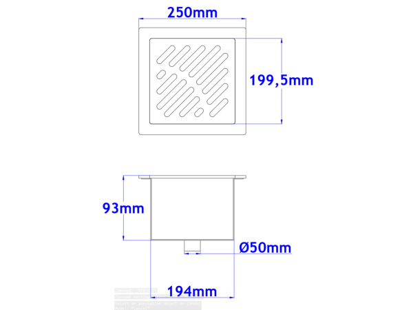 Talni sifon komplet s čelno ploščo debeline 5mm s PERFORIRANIM VZORCEM (AVTOPOVOZNO) 250x250x93mm INOX Ø50mm vertikalno