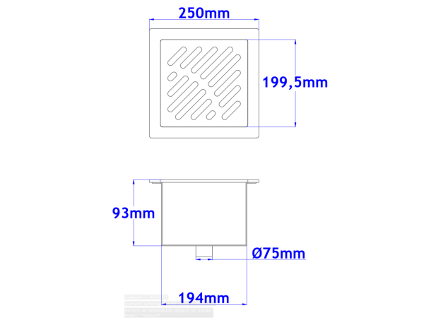 Podni sifon komplet s PERFORIRANIM UZORKOM 250x250x93mm INOKS Ø75mm okomito