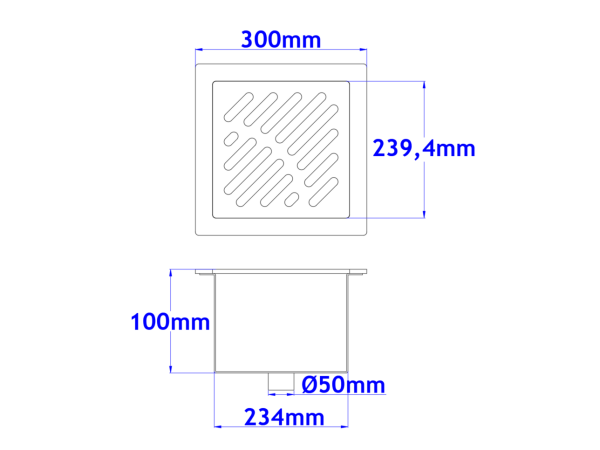 Podni sifon komplet s PERFORIRANIM UZORKOM 300x300x100mm INOKS Ø50mm okomito