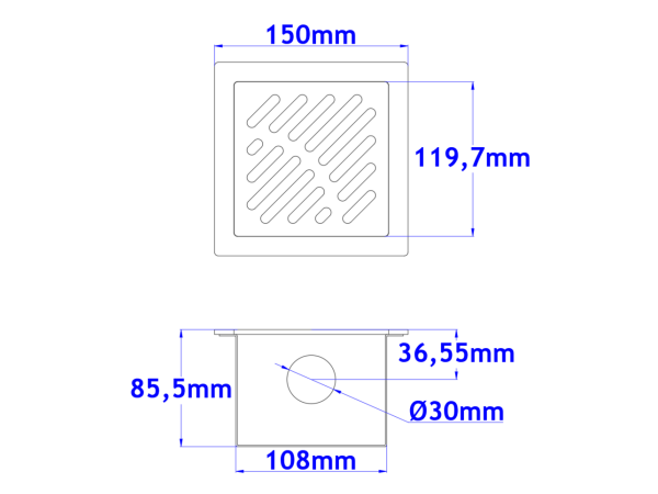 Talni sifon komplet s čelno ploščo debeline 5mm s PERFORIRANIM VZORCEM (AVTOPOVOZNO) 150x150x86mm INOX Ø30mm horizontalno