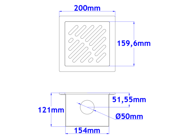 Podni sifon komplet s PERFORIRANIM UZORKOM 200x200x121mm INOKS Ø50mm vodoravno