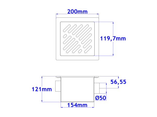 Sifone a pavimento FUSSO con coperchio di 5mm MODELLO FORATO (CARRABILE) 200x200x121mm INOX Ø50mm orizzontale