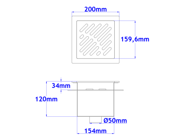 Talni sifon komplet s čelno ploščo debeline 5mm s PERFORIRANIM VZORCEM (AVTOPOVOZNO) in prirobnico za hidroizolacijo 200x200x92mm INOX Ø50mm vertikalno