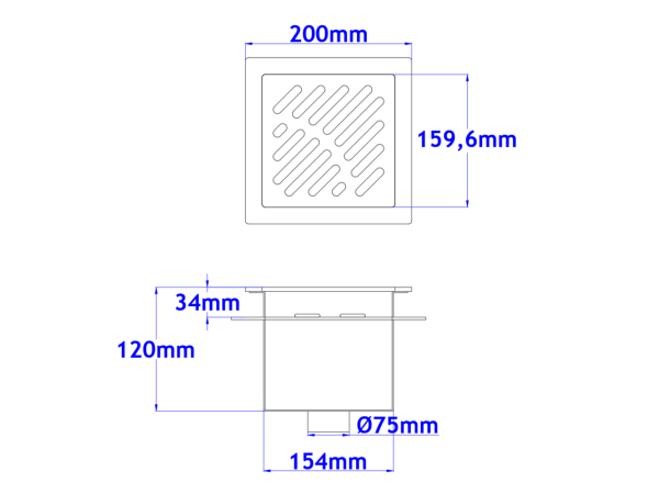 Talni sifon komplet s čelno ploščo debeline 5mm s PERFORIRANIM VZORCEM (AVTOPOVOZNO) in prirobnico za hidroizolacijo 200x200x92mm INOX Ø75mm vertikalno